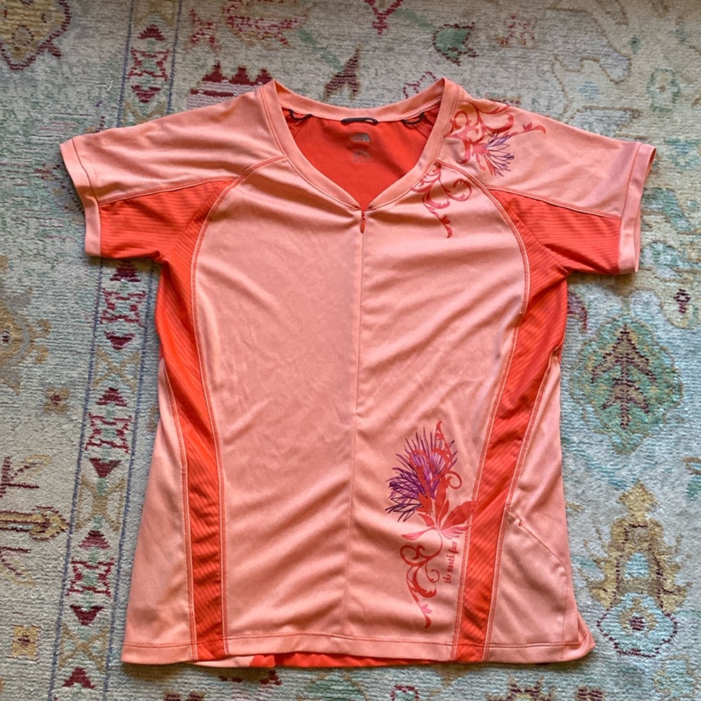Women's North Face Cycling Jersey Size Large Short Sleeve Orange Flowers UPF 30